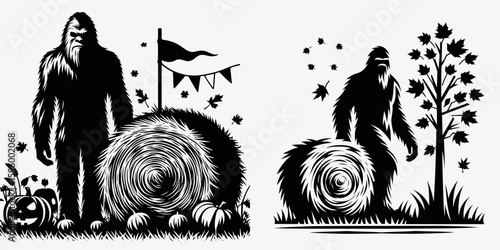 Bigfoot standing by hay bale Autumn Festival. Sasquatch a Large Hairy Humanlike Creature Cartoon Animal Clipart Line Art Vector Illustration. Elusive near rolled forage during fall.