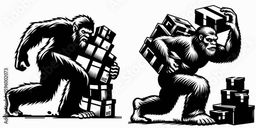 Bigfoot struggling with boxes Black Friday. Sasquatch a Large Hairy Humanlike Creature Cartoon Animal Clipart Line Art Vector Illustration. having trouble packages during post thanksgiving.