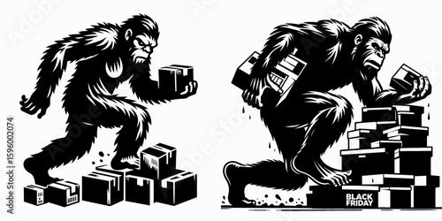 Bigfoot struggling with boxes Black Friday. Sasquatch a Large Hairy Humanlike Creature Cartoon Animal Clipart Line Art Vector Illustration. having trouble package during big sales event.