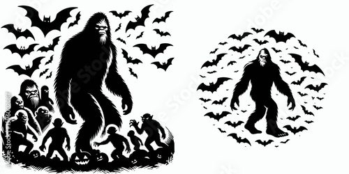 Bigfoot surrounded by bats Halloween. Sasquatch a Large Hairy Humanlike Creature Cartoon Animal Clipart Line Art Vector Illustration. Cryptic hominid amid winged creatures spooky autumn.