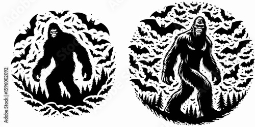 Bigfoot surrounded by bats Halloween. Sasquatch a Large Hairy Humanlike Creature Cartoon Animal Clipart Line Art Vector Illustration. Yeti near flyer holiday cryptic aerial rodent autumn.