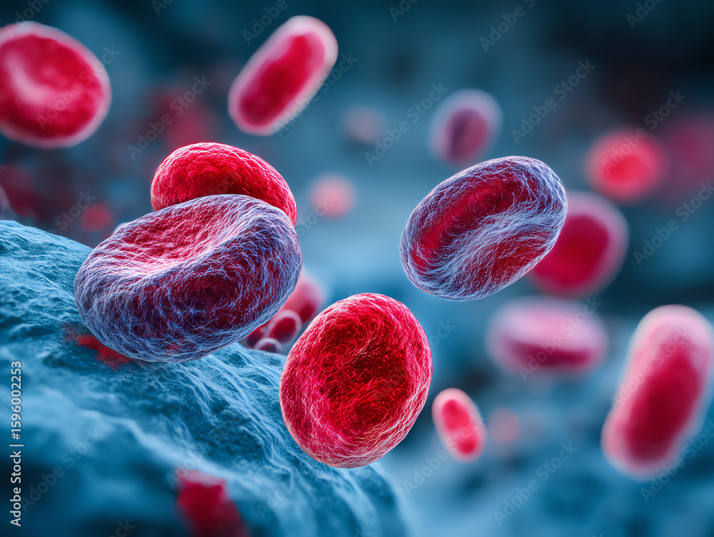 Fototapeta premium Microscopic view of vibrant red blood cells in motion.