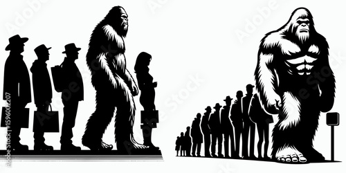 Bigfoot waiting in queue Black Friday. Sasquatch a Large Hairy Humanlike Creature Cartoon Animal Clipart Line Art Vector Illustration. Mysterious bargain shopping occasion after Thanksgiving.