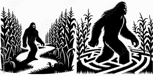 Bigfoot walking through corn maze Autumn Festival. Sasquatch a Large Hairy Humanlike Creature Cartoon Animal Clipart Line Art Vector Illustration. trek inside crop labyrinth fall celebration.