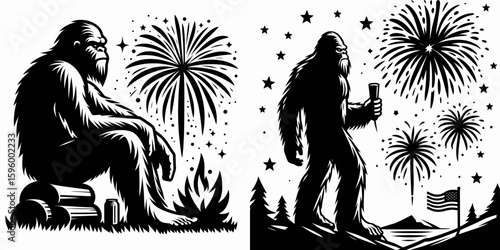 Bigfoot watching fireworks Fourth of July. Sasquatch a Large Hairy Humanlike Creature Cartoon Animal Clipart Line Art Vector Illustration. viewing celebration lights during independence.