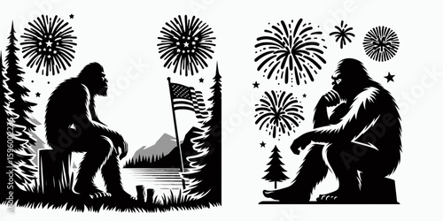 Bigfoot watching fireworks Fourth of July. Sasquatch a Large Hairy Humanlike Creature Cartoon Animal Clipart Line Art Vector Illustration. viewing pyrotechnics independence celebration.