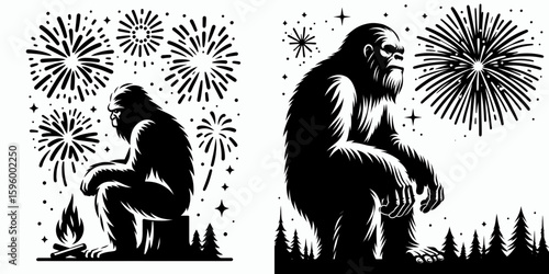 Bigfoot watching fireworks New Years Eve. Sasquatch a Large Hairy Humanlike Creature Cartoon Animal Clipart Line Art Vector Illustration. Ape observes bursting pyrotechnics on annual year.