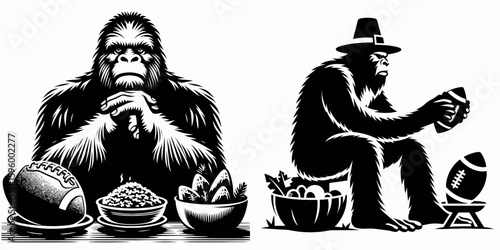 Bigfoot watching football Thanksgiving. Sasquatch a Large Hairy Humanlike Creature Cartoon Animal Clipart Line Art Vector Illustration. viewing gridiron action autumn holiday feast.