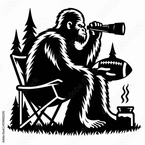 Bigfoot watching football Fall Tailgating. Sasquatch a Large Hairy Humanlike Creature Cartoon Animal Clipart Line Art Vector Illustration. observing gridiron autumn celebration parking-lot.