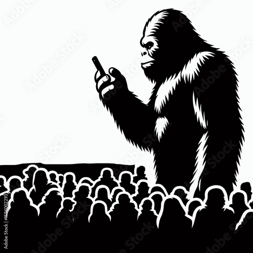 Bigfoot watching parade Thanksgiving. Sasquatch a Large Hairy Humanlike Creature Cartoon Animal Clipart Line Art Vector Illustration. hominid observing holiday procession during autumn.