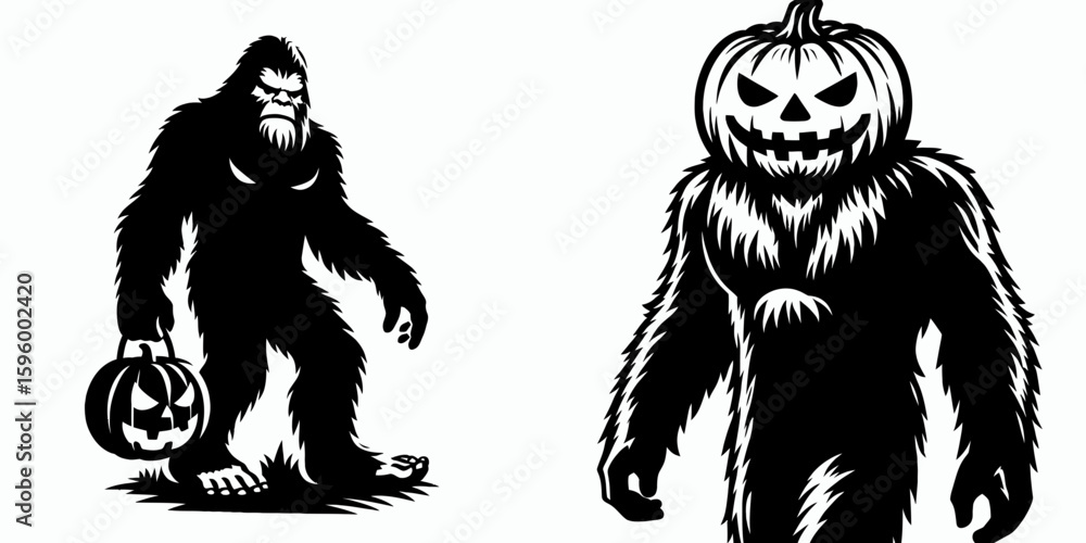 Fototapeta premium Bigfoot wearing pumpkin costume Halloween. Sasquatch a Large Hairy Humanlike Creature Cartoon Animal Clipart Line Art Vector Illustration. in gourd garment festive autumn holiday attire.