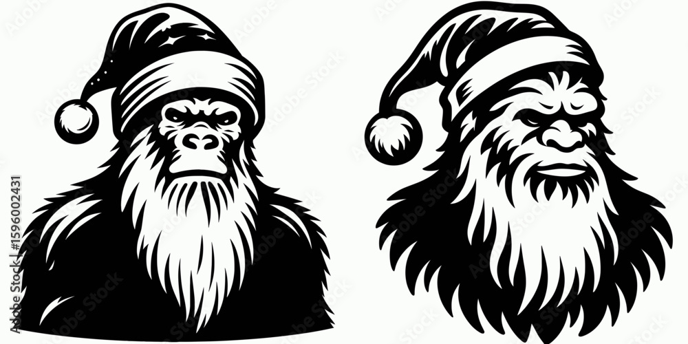 Obraz premium Bigfoot wearing Santa hat Christmas. Sasquatch a Large Hairy Humanlike Creature Cartoon Animal Clipart Line Art Vector Illustration. Big in holiday headgear winter festive season.