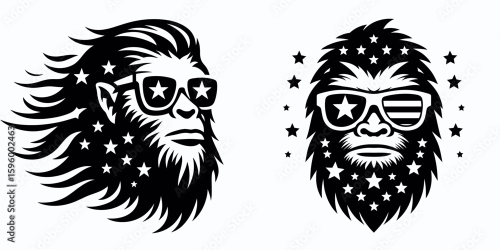Fototapeta premium Bigfoot wearing star sunglasses Fourth of July. Sasquatch a Large Hairy Humanlike Creature Cartoon Animal Clipart Line Art Vector Illustration. with sun spectacles during independence.
