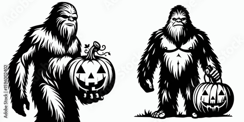 Bigfoot wearing pumpkin costume Halloween. Sasquatch a Large Hairy Humanlike Creature Cartoon Animal Clipart Line Art Vector Illustration. in gourd apparel autumn holiday fun cryptid.