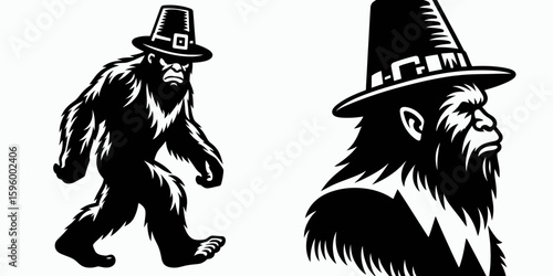 Bigfoot wearing pilgrim hat Thanksgiving. Sasquatch a Large Hairy Humanlike Creature Cartoon Animal Clipart Line Art Vector Illustration. in garb autumn holiday.