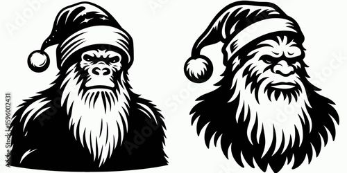 Bigfoot wearing Santa hat Christmas. Sasquatch a Large Hairy Humanlike Creature Cartoon Animal Clipart Line Art Vector Illustration. Big in holiday headgear winter festive season.