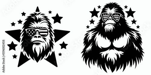 Bigfoot wearing star sunglasses Fourth of July. Sasquatch a Large Hairy Humanlike Creature Cartoon Animal Clipart Line Art Vector Illustration. ape in stellar eyewear united states holiday.