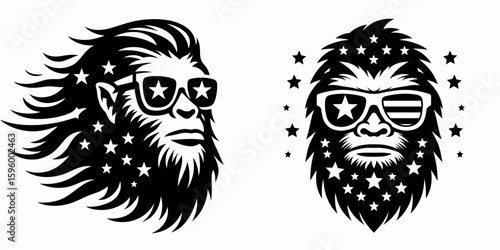 Bigfoot wearing star sunglasses Fourth of July. Sasquatch a Large Hairy Humanlike Creature Cartoon Animal Clipart Line Art Vector Illustration. with sun spectacles during independence.