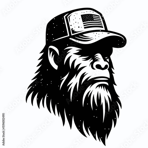 Bigfoot wearing veteran cap Veterans Day. Sasquatch a Large Hairy Humanlike Creature Cartoon Animal Clipart Line Art Vector Illustration. hominid dons military headgear observance of armed.