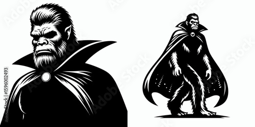 Bigfoot wearing vampire cape Halloween. Sasquatch a Large Hairy Humanlike Creature Cartoon Animal Clipart Line Art Vector Illustration. Huge in nocturnal cloak holiday costume.