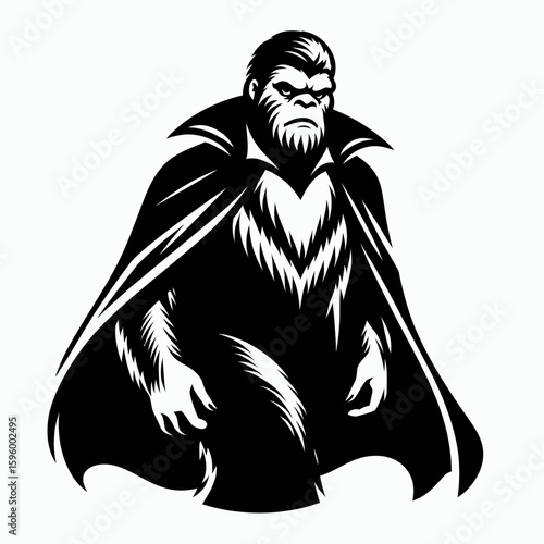 Bigfoot wearing vampire cape Halloween. Sasquatch a Large Hairy Humanlike Creature Cartoon Animal Clipart Line Art Vector Illustration. Monstrous primate in cloak costume during autumn.