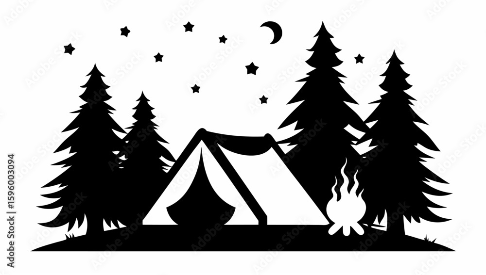Obraz premium Silhouette of a tent surrounded by trees under a starry night sky with a crescent moon and campfire scene
