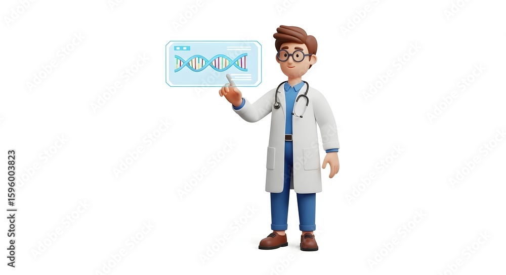 A 3D rendered cartoon doctor pointing at a holographic DNA model, illustrating genetic science. A 3D rendered cartoon doctor pointing at a holographic DNA model, illustrating genetic science.