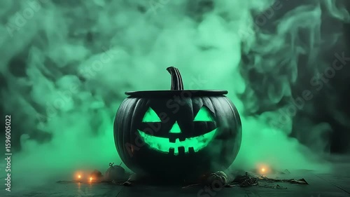 Spooky Halloween scene with a glowing jack-o'-lantern cauldron in fog