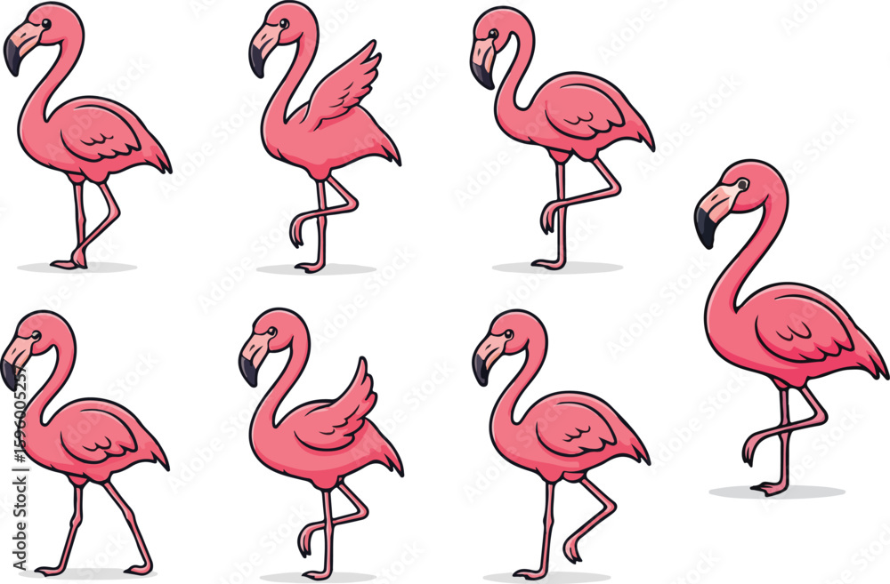 Obraz premium vector illustration of flamingo funny cute cartoon mascot character cartoon with 7 poses 