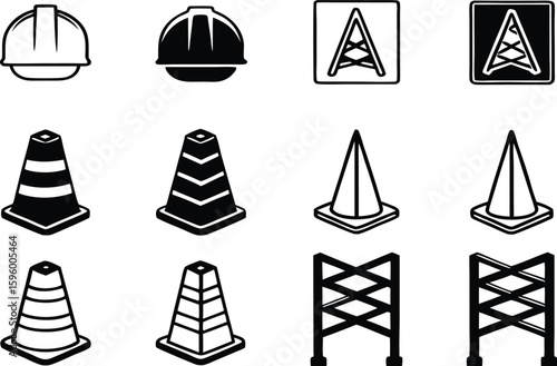 Construction safety equipment and warning signs silhouette