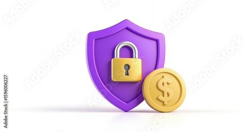 3D Render of Purple Shield with Gold Lock and Dollar Coin for Financial Security Concept