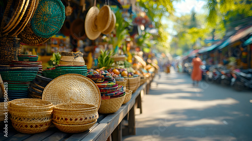 Assorted woven baskets and bowls displayed on a street market stall.