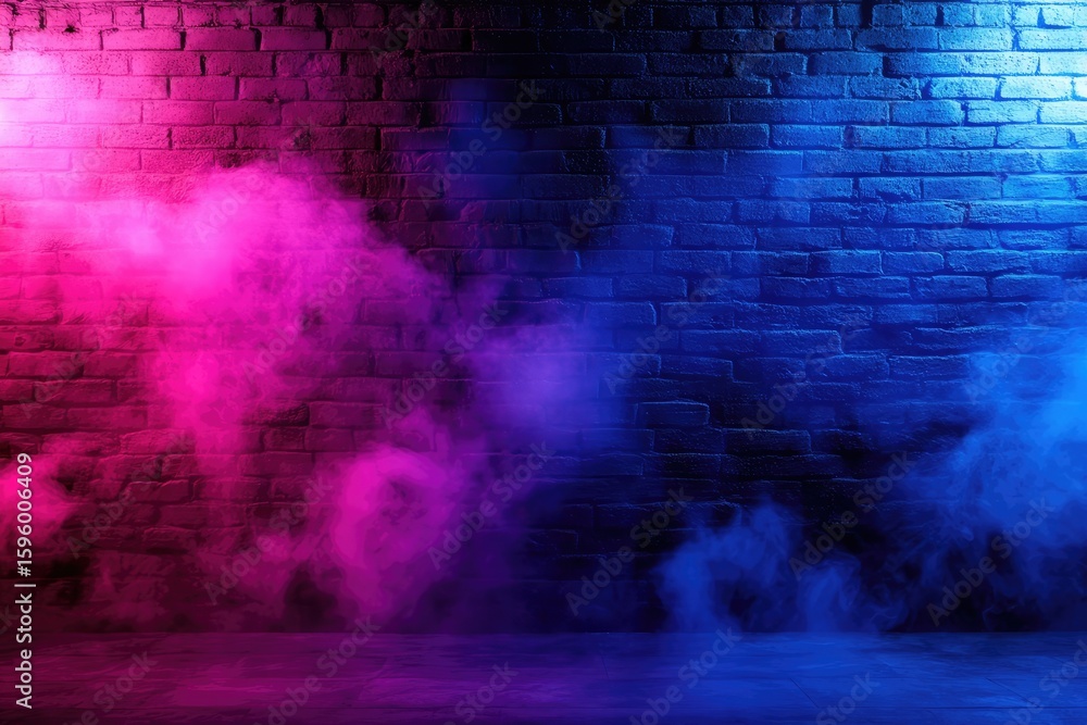 Naklejka premium Abstract background, brick wall, dark room with smoke and neon light, blue, purple, and pink, empty space for product presentation