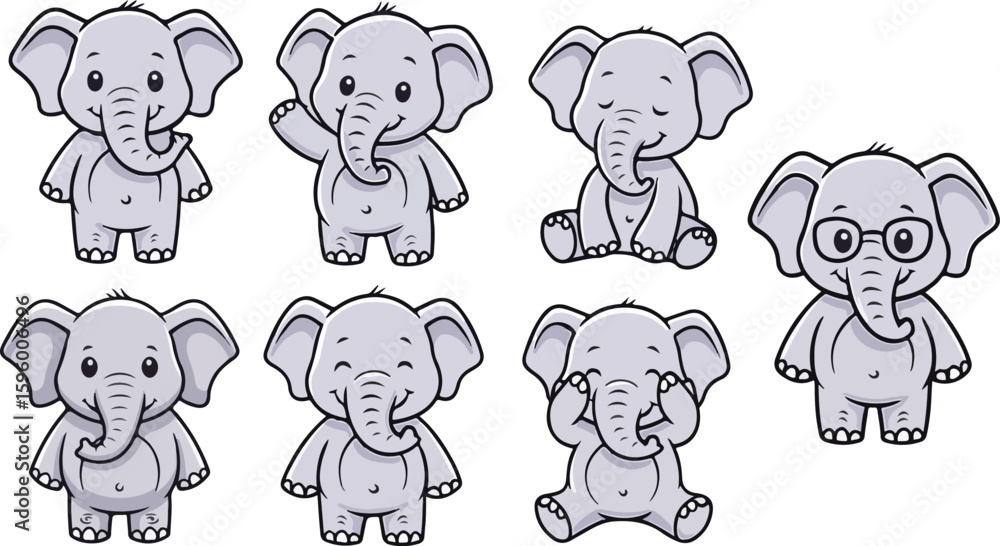 Fototapeta premium vector illustration of elephant funny cute cartoon mascot character cartoon with 7 poses 01