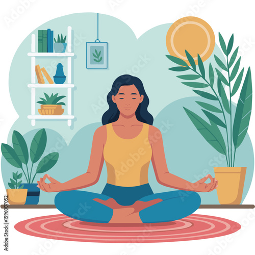 Clean and modern vector  woman meditation yoga mindfulness relaxation zen wellness peace calm pose exercise retreat spiritual balance