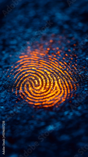 Close-up of a glowing fingerprint on a dark blue textured surface.
