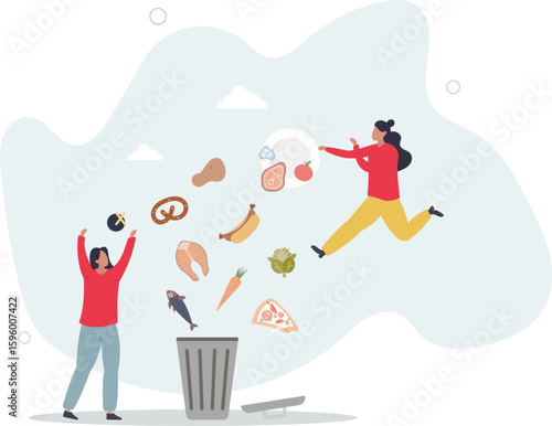 Food waste and meal leftovers garbage reduce awareness.Throw away groceries in trash after shelf life end .human life.