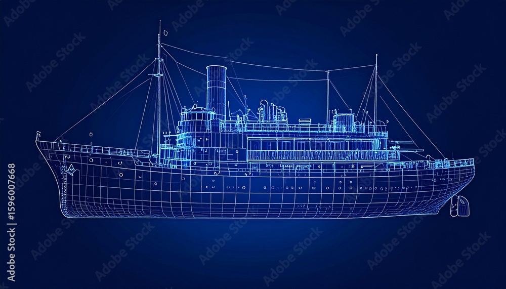 Fototapeta premium Detailed Steamship Drawing on Dark Background