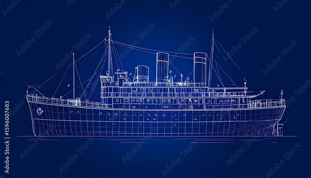 Fototapeta premium Historical Steamship Blueprint, Vector