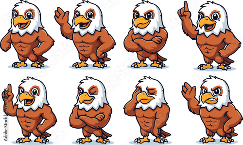 vector illustration eagle falcon hawk bird funny cute cartoon mascot character cartoon with 8 poses 01