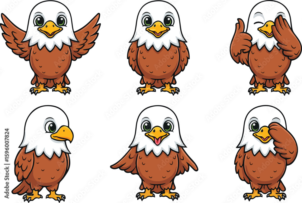 Fototapeta premium vector illustration eagle falcon hawk bird funny cute cartoon mascot character cartoon with 6 poses 