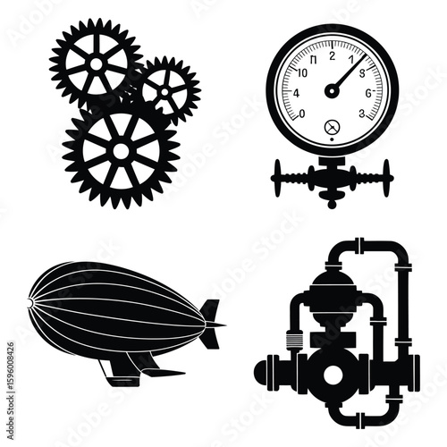 Black silhouette icons of gears airship pressure gauge and pipes cogwheel machinery
