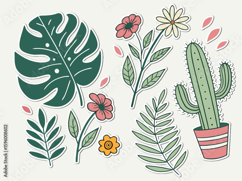 Botanical Sticker Set with Monstera Leaf Flowers Fern and Cactus in Pot