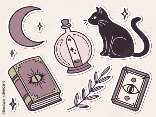 Whimsical Witchcraft Stickers Featuring a Black Cat Moon Book and Other Mystical Elements