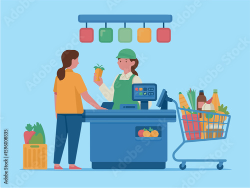 Clean and modern vector  grocery store checkout cashier customer shopping supermarket retail purchase payment counter transaction food line