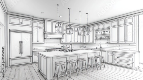 Kitchen design blueprint showcasing a modern farmhouse style.