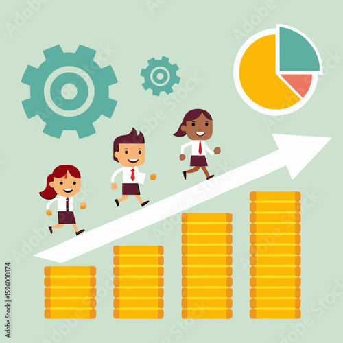 Business people running up graph with coins and gears chart