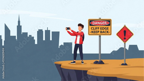 A tourist taking selfies next to a “Danger_ Cliff Edge – Keep Back” warning sign. 2