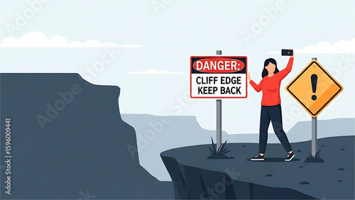 A tourist taking selfies next to a “Danger_ Cliff Edge – Keep Back” warning sign