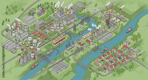 Industrial Landscape: Isometric View of a Riverfront City with Factories and Homes.